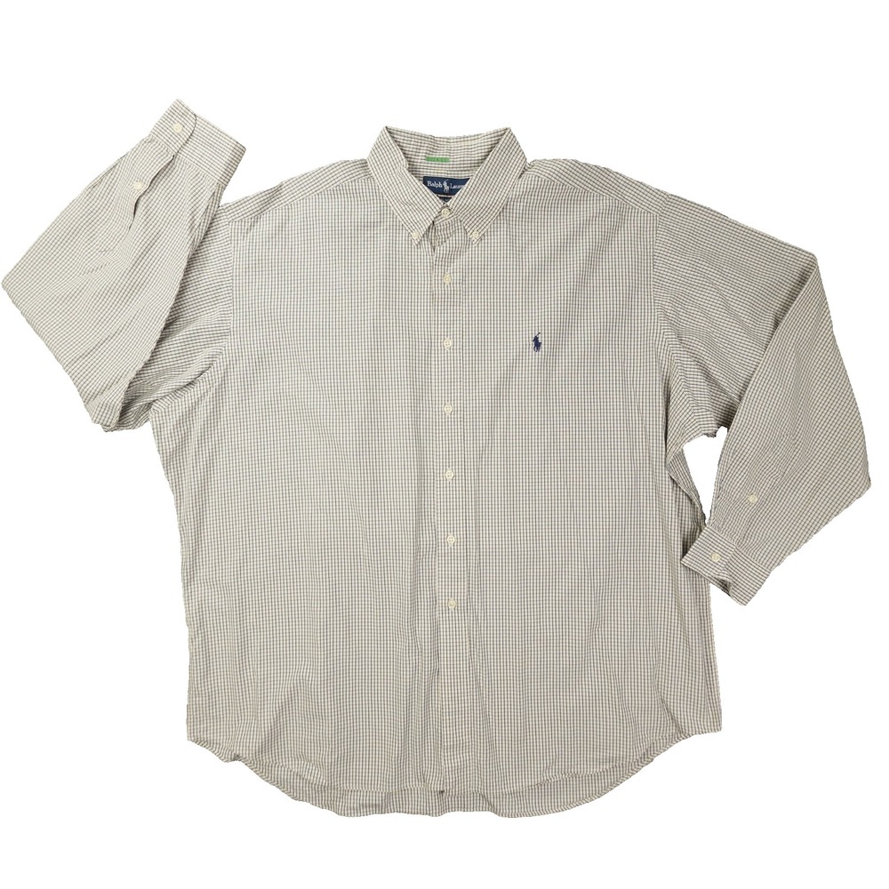 Ralph Lauren Vintage Blake Button Up Shirt Mens XXL Beige Blue Plaid Classic